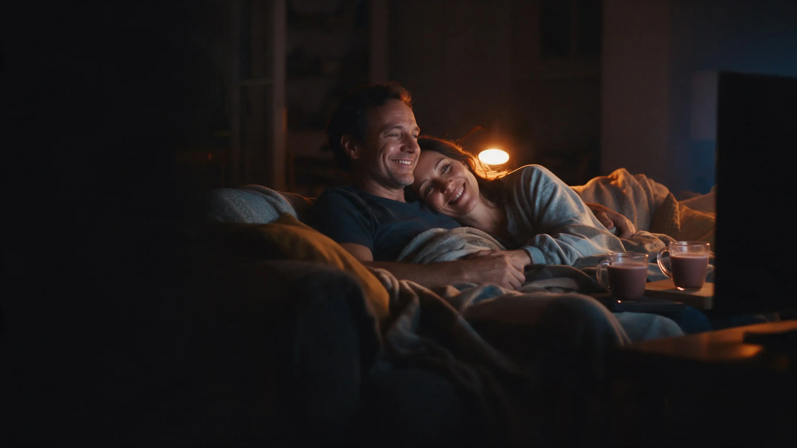 A couple leaning together on the couch at night, smiling at a film, their faces lit by the screen.