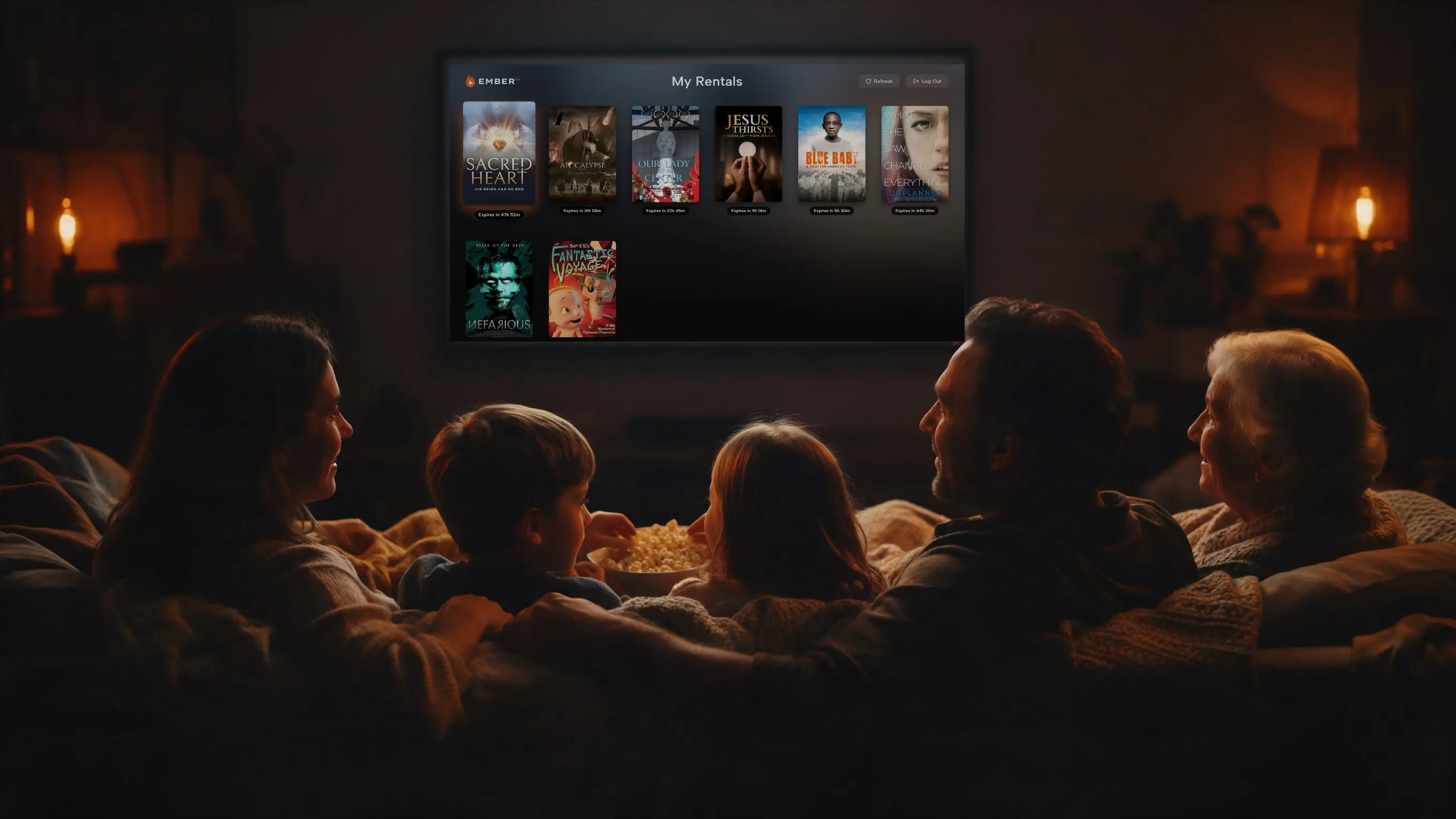 Three generations of a family under blankets on the couch, browsing their Ember TV rentals on the TV.