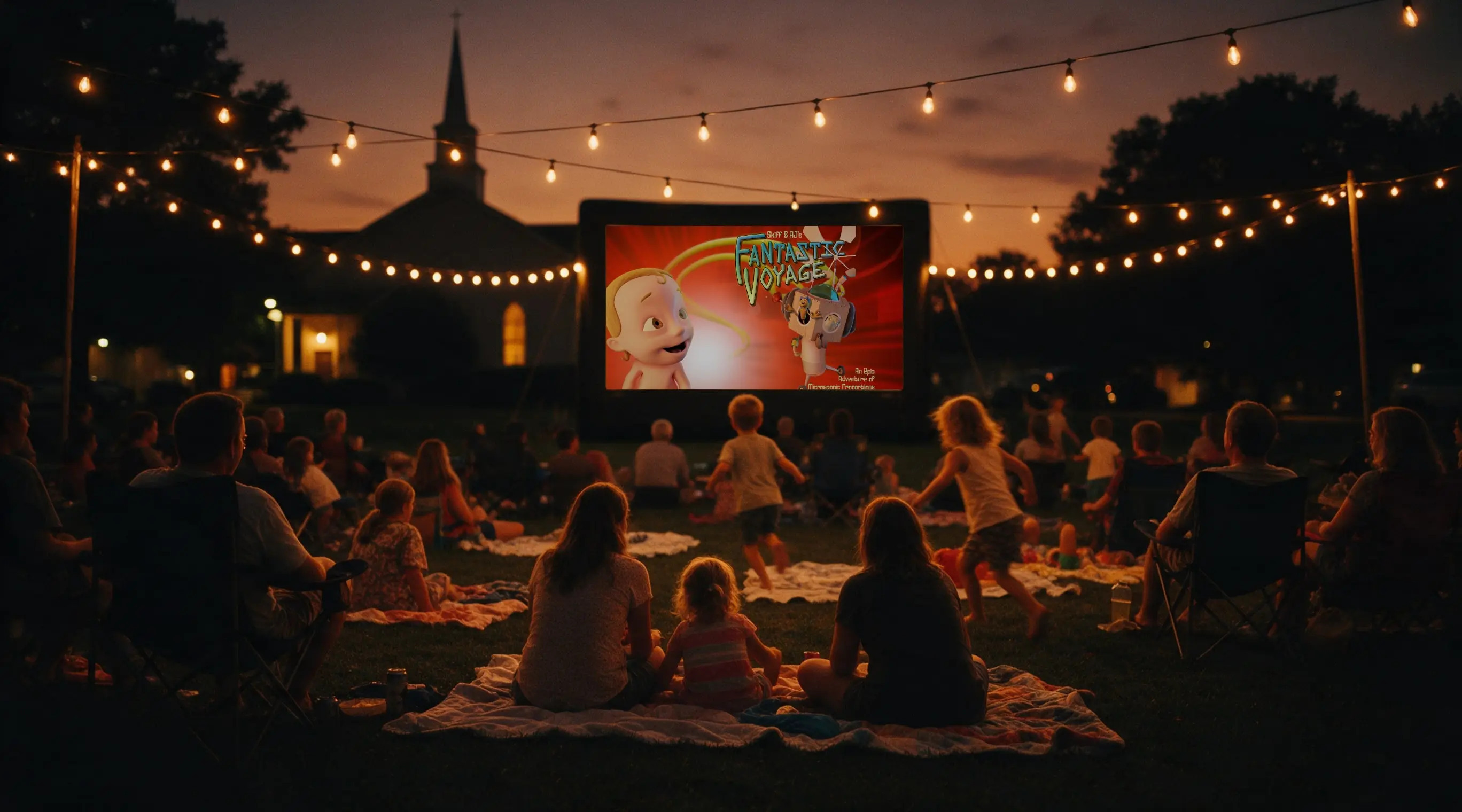 A community on a church lawn at dusk under string lights, watching a film on a big outdoor screen.