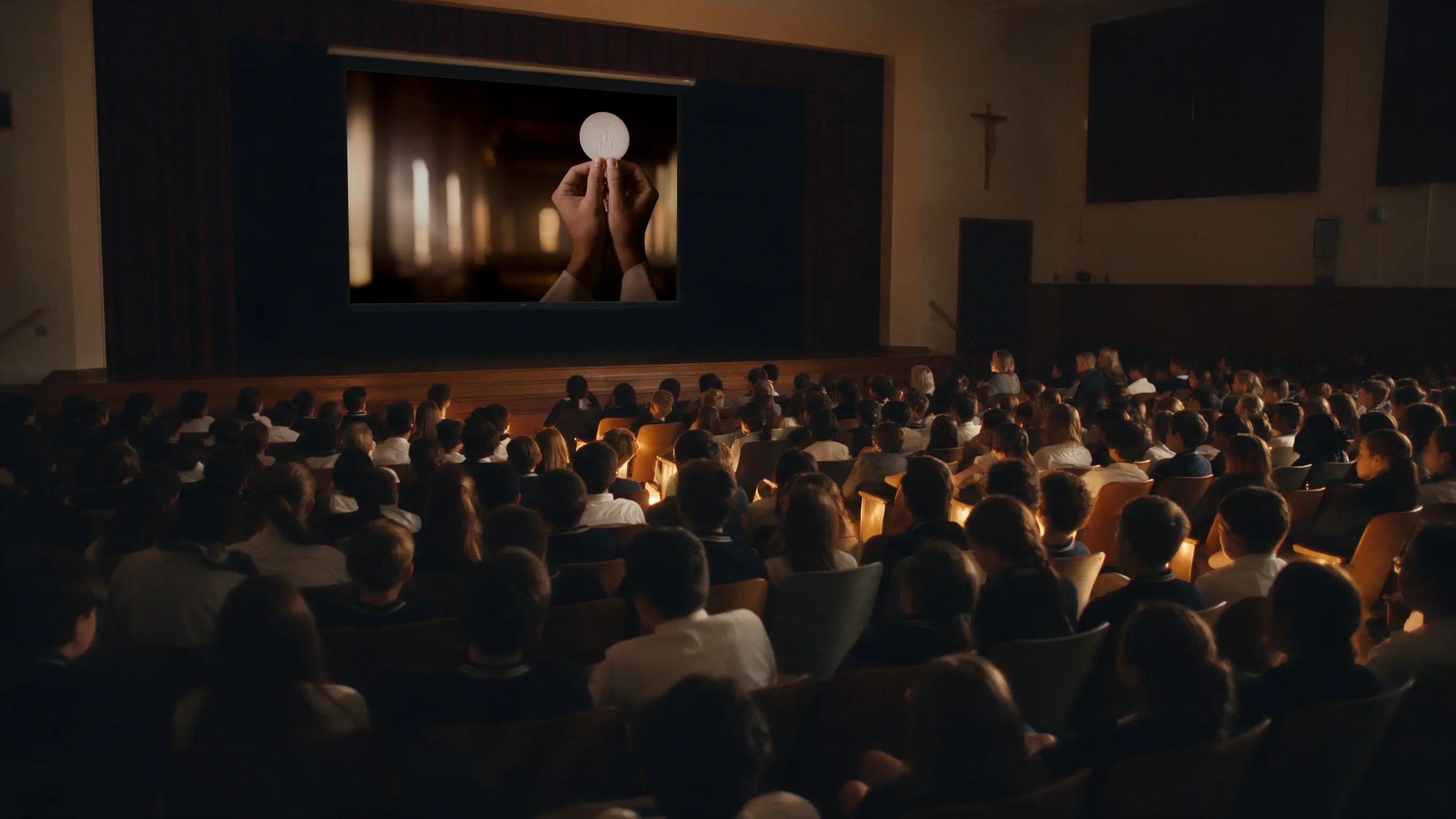 Students in school uniforms watching a film together on the big screen in their school auditorium.