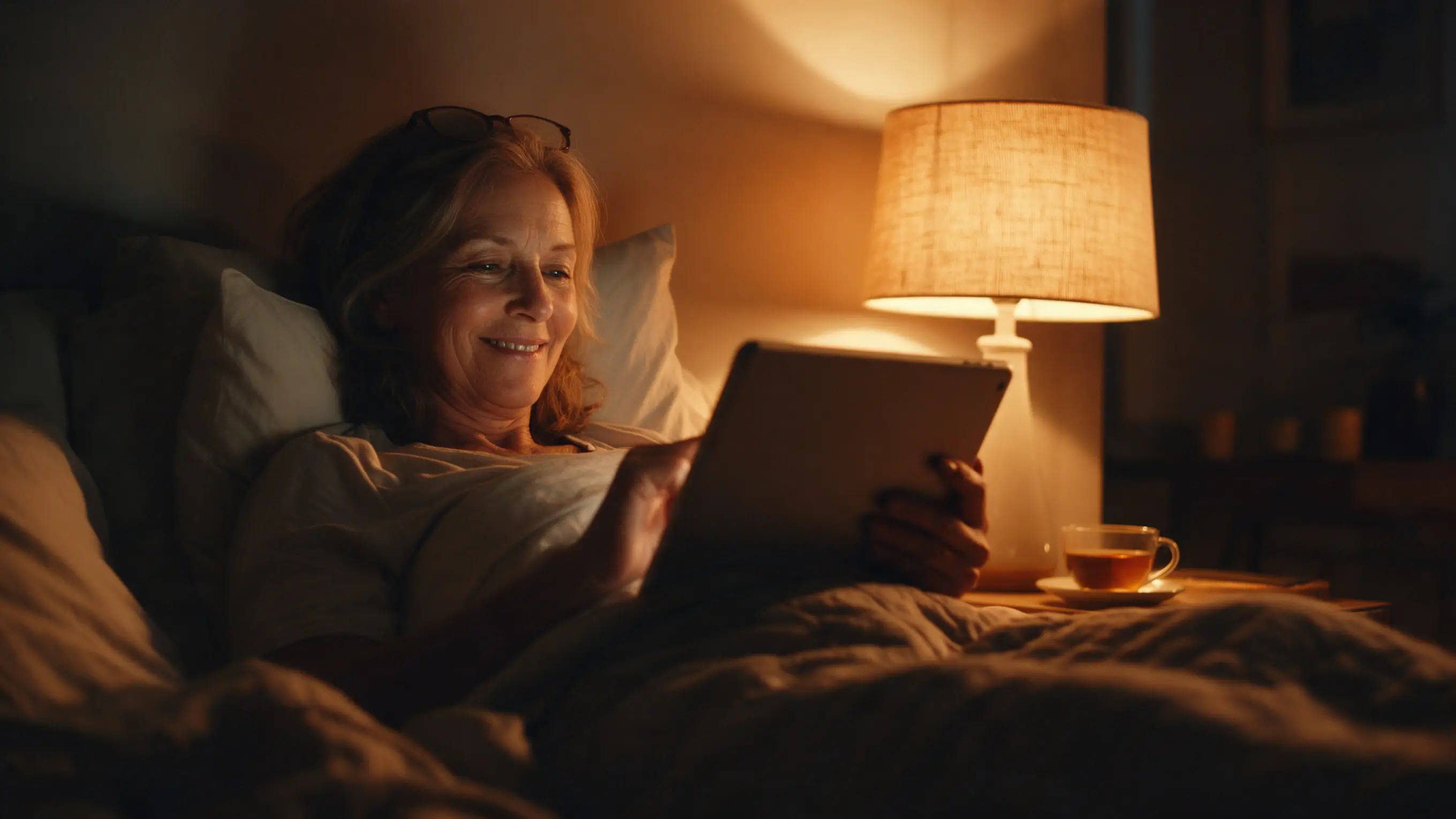 A woman under a quilt watching a film on a tablet in bed, lit by a bedside lamp.